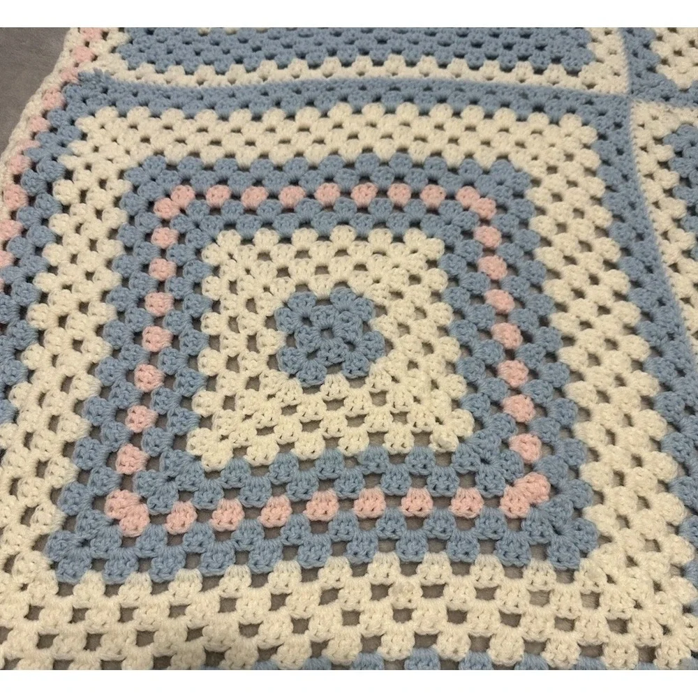 Granny Square Afghan Baby Lap Blanket Pastel Pink Blue  Hand Crocheted 35